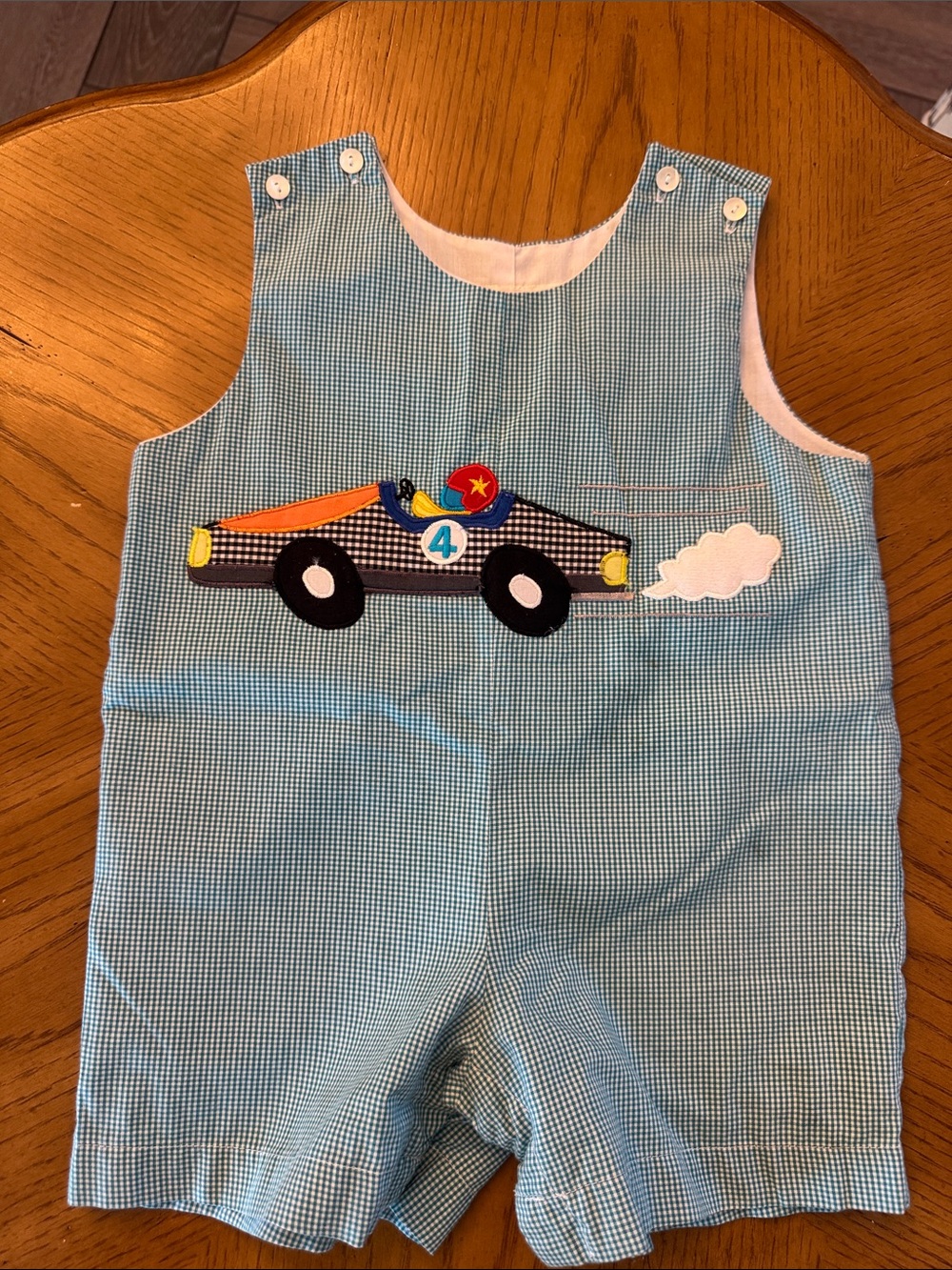 Blue Check Boys' One-Piece Romper with Race Car Applique